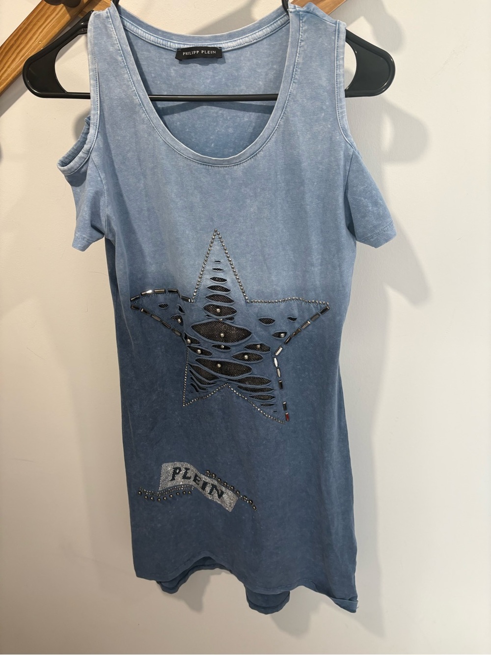 Philipp Plein Washed Blue Star Studded Cold-Shoulder Dress